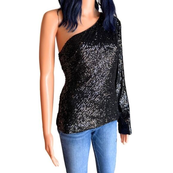 NWT Trina Turk Black Sequin One Shoulder Over The Moon Top - Picture 3 of 6